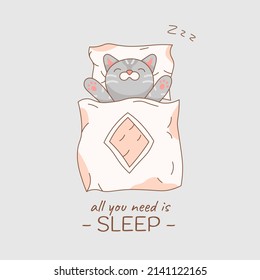 Cute gray tabby cat sleeps under a warm blanket with its paws up.