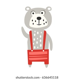 Cute gray teddy bear in red pants standing. Funny lovely animal colorful cartoon character vector Illustration