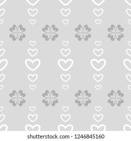 Cute gray vector seamless pattern with flowers and hearts in pastel light colors