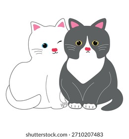 Gato gris y blanco lindo que acaricia la Ilustración vectorial romántica adorable