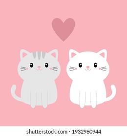 Cute gray white cat kitty kitten set. Happy Valentines Day. Big heart. Kawaii cartoon character. Smiling face, tail. Baby greeting card tshirt notebook cover print. Pink background. Flat design Vector