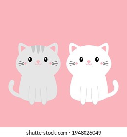 Cute gray white cat kitty kitten set. Kawaii cartoon character. Smiling face, tail. Happy Valentines Day. Baby greeting card tshirt notebook cover print. Pink background. Flat design. Vector