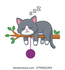 A cute gray and white cat peacefully sleeping on a tree branch with a ball of yarn