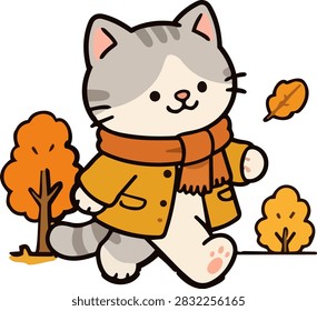 Cute gray and white cat wearing a warm orange scarf and jacket while walking outdoors among colorful falling autumn leaves. Cozy fall cartoon vector illustration.
