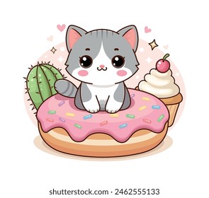 Lindo gatito gris y blanco en un gran donut. Ilustración infantil. Aislado sobre fondo blanco.