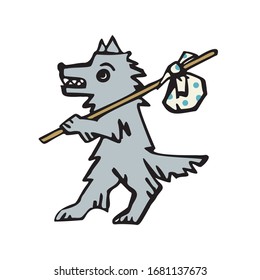 A cute gray wolf carries a bundle of things on a stick. Vector illustration in cartoon style. Isolated on a white background.