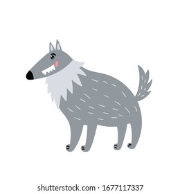 Cute gray wolf. Cheerful wolf. Children's animal character. Vector editable illustration