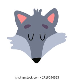 Cute gray wolf face with closed eyes. Isolated object on a white background. Vector illustration with cute wild animal in cartoon flat style, scandinavian animals. Printing and prints on clothes for