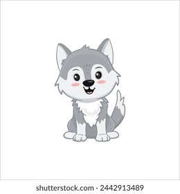 Cute Gray wolf isolated on white. Cartoon character, wolf cub grey. Vector illustration