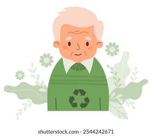 Cute gray-haired elderly man in fashionable sweater from recycling textile. Modern light-skinned grandpa Eco friendly clothing sustainable fashion. Recycle and environmental care. Vector illustration