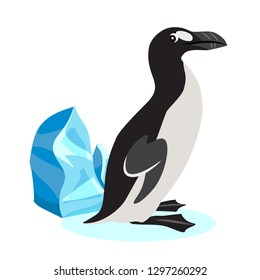 Cute great auk icon, black polar bird isolated on white background, extinct species, vector illustration