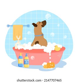 Cute Great Dane dog character, takes a bubble bath, with blue tile in background. Pet grooming concept. Dog washing service the grooming salon. Cartoon flat vector illustration.