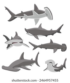 Cute Great Hammerhead Shark Poses Set Cartoon Vector