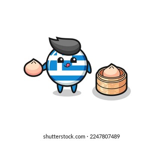 cute greece flag character eating steamed buns , cute style design for t shirt, sticker, logo element