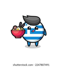 personaje de la bandera grecia lindo comiendo fideos, diseño de estilo lindo para camisetas, pegatinas, elemento logo