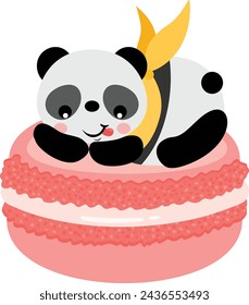 Cute greedy panda on top of macaron