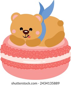 Lindo osito de peluche codicioso en la parte superior de macaron
