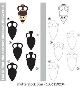 Cute Greek Amphora to find the correct shadow, the matching educational kid game to compare and connect objects and their true shadows, simple gaming level for preschool kids.