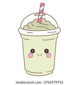 cute greem tea smoothie with whipped cream and straw vector illustration. Adorable matcha cold drink character in flat desigh style.