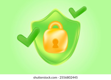 Cute green 3D protection control icon with gold padlock, light green security shield design element. Glowing glass or plastic texture cyber data, safety trust illustration for infographics