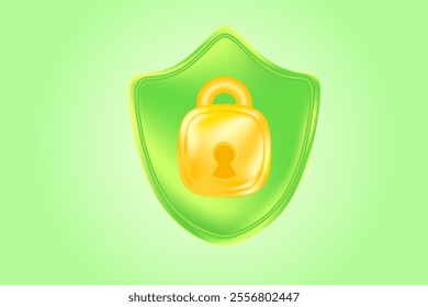 Cute green 3D protection control icon with gold padlock, light green security shield design element. Glowing glass or plastic texture cyber data, safety trust illustration for infographics