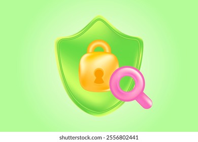 Cute green 3D search for security padlock icon. Glowing glass or plastic texture information protection design element, presentation, infographics, cyber banner