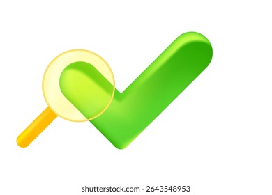 Cute green 3D security check mark icon with search magnifier glass icon isolated, transparent background. Glowing glass texture cyber data protection, safety or trust illustration