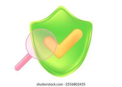 Cute green 3D security shield icon with check mark isolated, transparent background. Glowing glass or plastic texture cyber data protection, safety or trust illustration