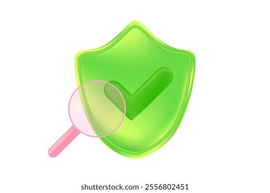 Cute green 3D security shield icon with check mark isolated, transparent background. Glowing glass or plastic texture cyber data protection, safety or trust illustration