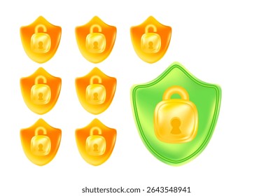 Cute green 3D security shield icon with gold padlock, protection control design element. Glowing glass or plastic texture cyber data, safety trust illustration for infographics