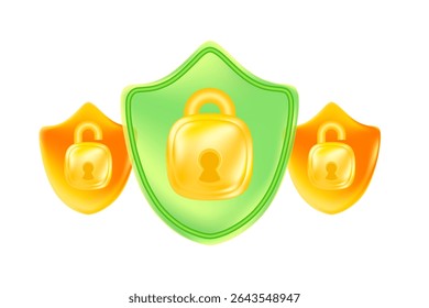 Cute green 3D security shield icon with gold padlock, protection control design element. Glowing glass or plastic texture cyber data, safety trust illustration for infographics
