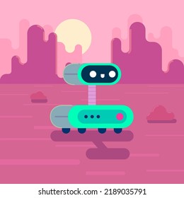 Cute green AI robot observing mars the red planet vector illustration