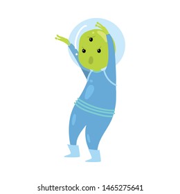 Cute green alien in blue clothes is scary his friends
