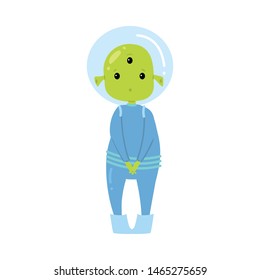 Cute green alien in blue clothes is hesitate to ask