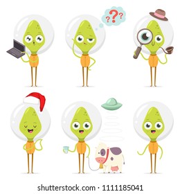 Cute green alien cartoon character in a detective costume, in Santa Claus hat, with a thinking speech bubble, laptop, cow and UFO. Vector set isolated on a white background.