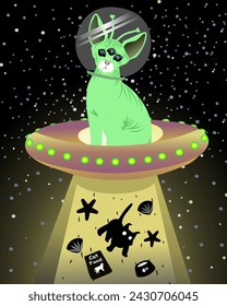 A cute green alien cat driving a UFO in outer space, bringing food supplies from Earth.