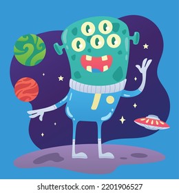 Cute green alien character with 5 eyes Vector