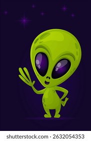 Cute green alien character with big eyes and long fingers. Vector image of green man on blue background for postcards, banners, posters.