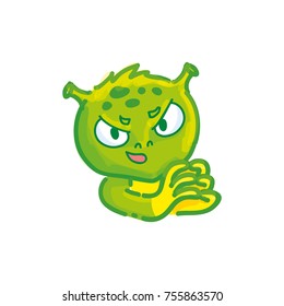 Cute green Alien character. Cunning, tricky, have an idea emotion. Art in vector hand drawn style, doodle cartoon illustration. 