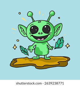 cute green alien character illustration with leaves and sparkling stars
