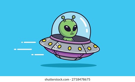 Cute green alien character with large black eyes and antennae piloting a silver and purple flying saucer with a clear dome.