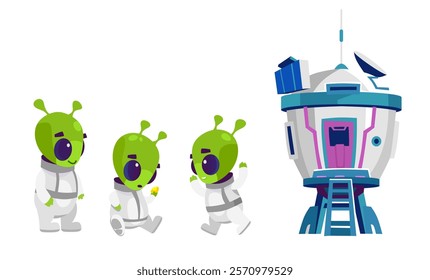 Cute green alien explorers with spaceship base isolated on white background. Cartoon character design for sci-fi, space adventure, children's designs, and fantasy themes.