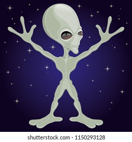 Cute green alien extraterrestrial on a cosmic background.