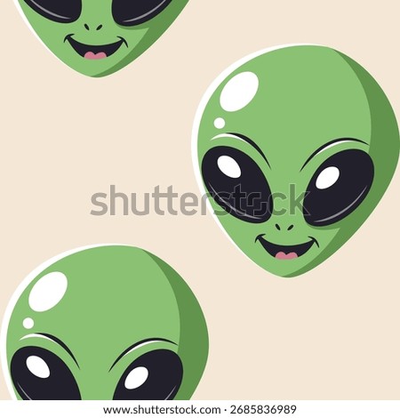 Cute green alien face seamless pattern with cartoon extraterrestrial heads
