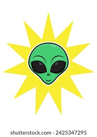 Cute Green Alien Head cartoon character with background sunlight. Best for mascot, logo, and sticker with extraterrestrial themes
