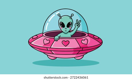 Un lindo alienígena verde con Grandes ojos negros se representa dentro de una nave espacial ovni rosa, haciendo un signo de paz con su mano. La nave espacial tiene decoraciones de corazón.