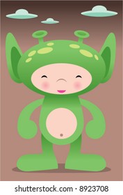 cute green alien martian vector manga illustration - easy to edit!