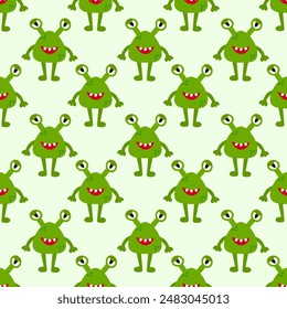 Cute green alien or monster seamless pattern. Kids design. Vector flat illustration.