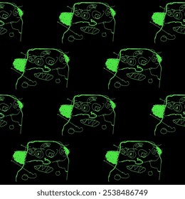Cute green alien monster sketch seamless pattern. Childish primitive drawing. Scary art. Picture painted by a kid. A poster on the wall