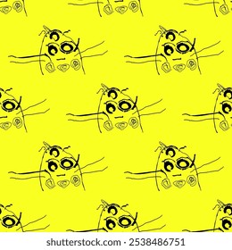 Cute green alien monster sketch seamless pattern. Childish primitive drawing. Scary art. Picture painted by a kid. A poster on the wall